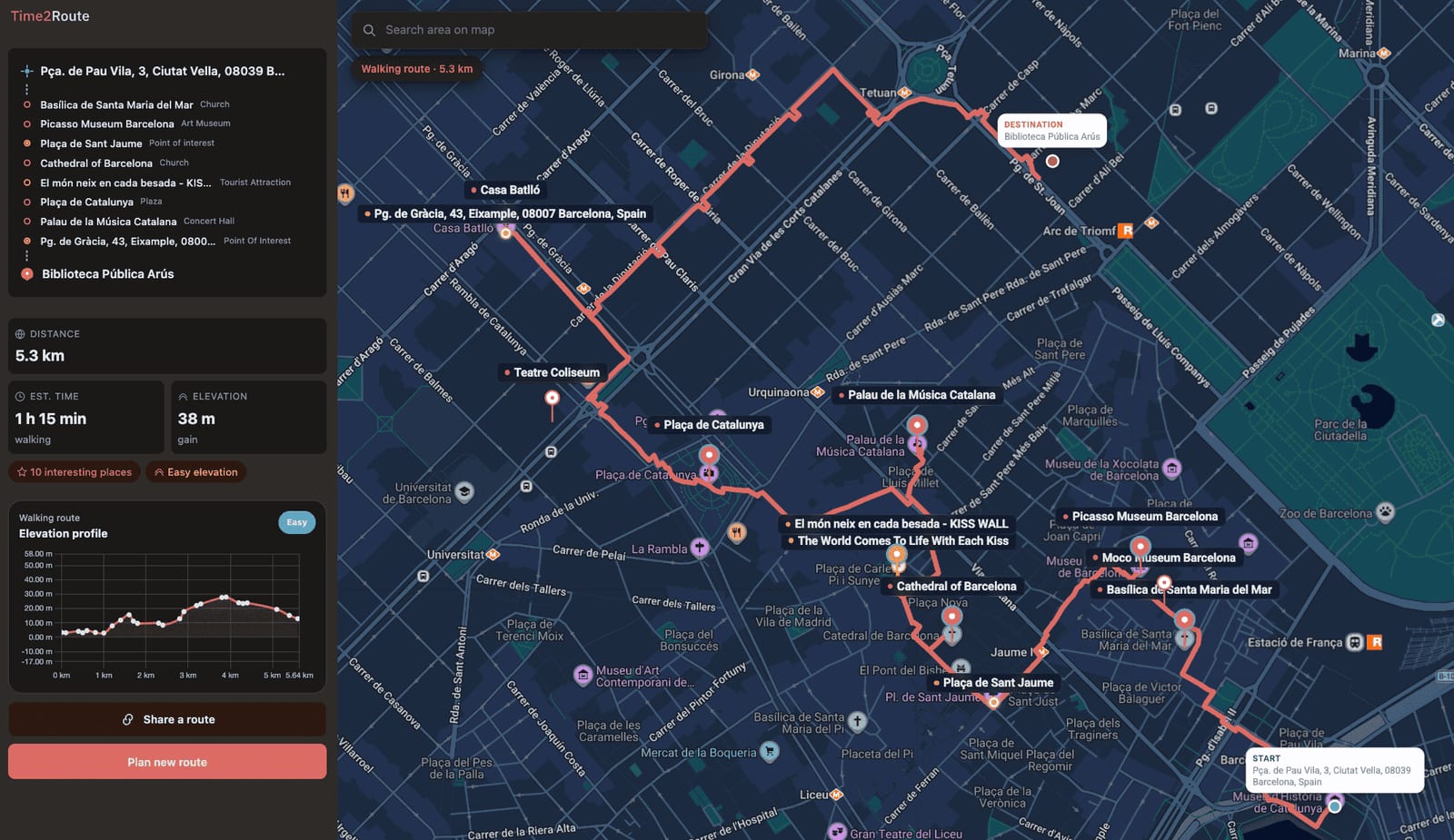 Example scenic city walk route in Time2Route