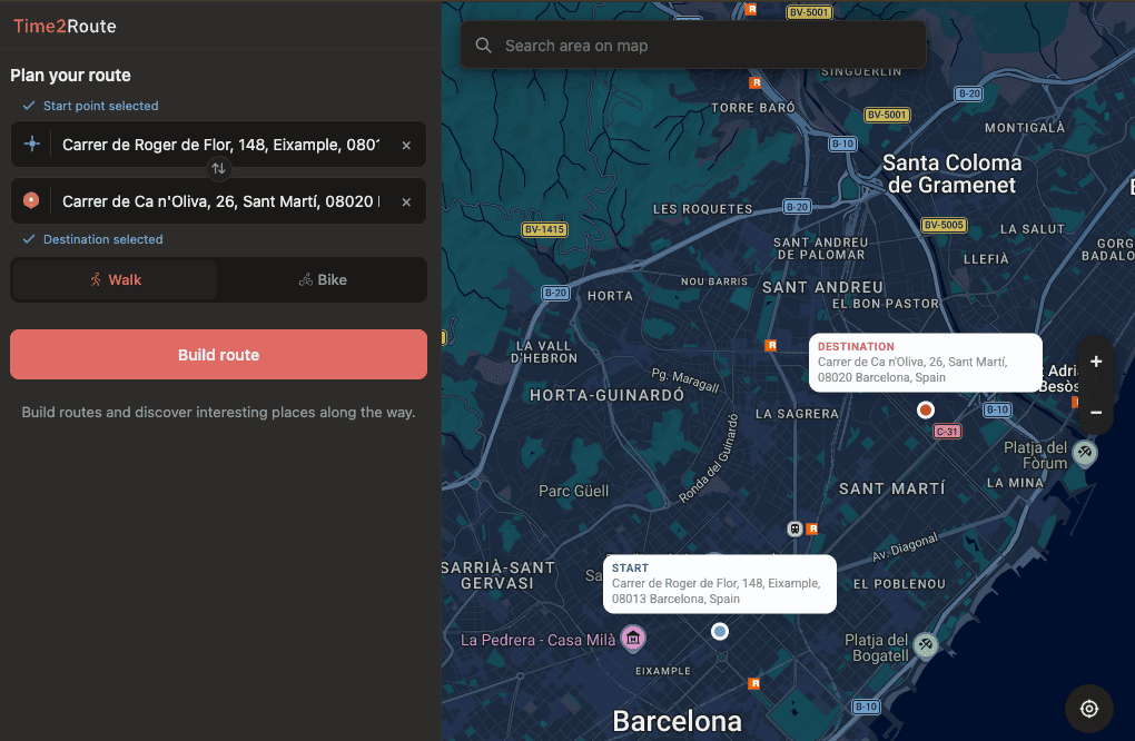 Time2Route start screen with route inputs, travel mode, and build route button