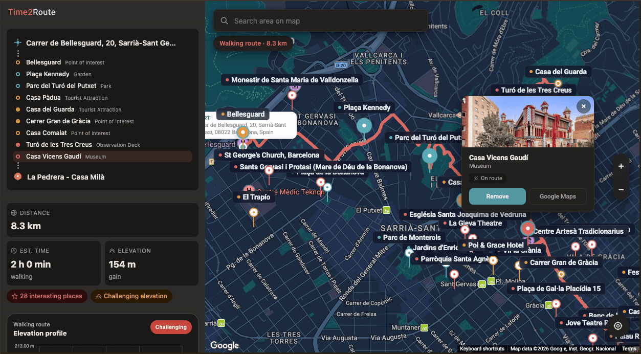 Route with stops added in Time2Route