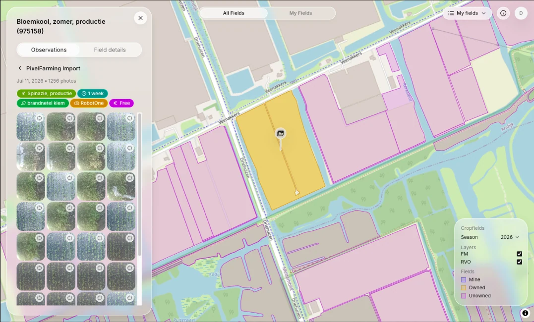 AI Library interface showing an observation, field-image grid and its selected field on the map